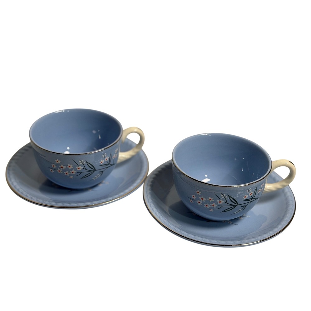 VTG Homer Laughlin Kraft Blue Cup Saucer Set Floral Silver Trim Retro Kitchen